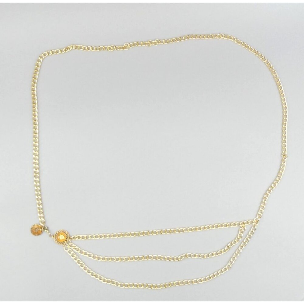 Gold-Tone Triple Chain Layered Belt With Medallion Accents